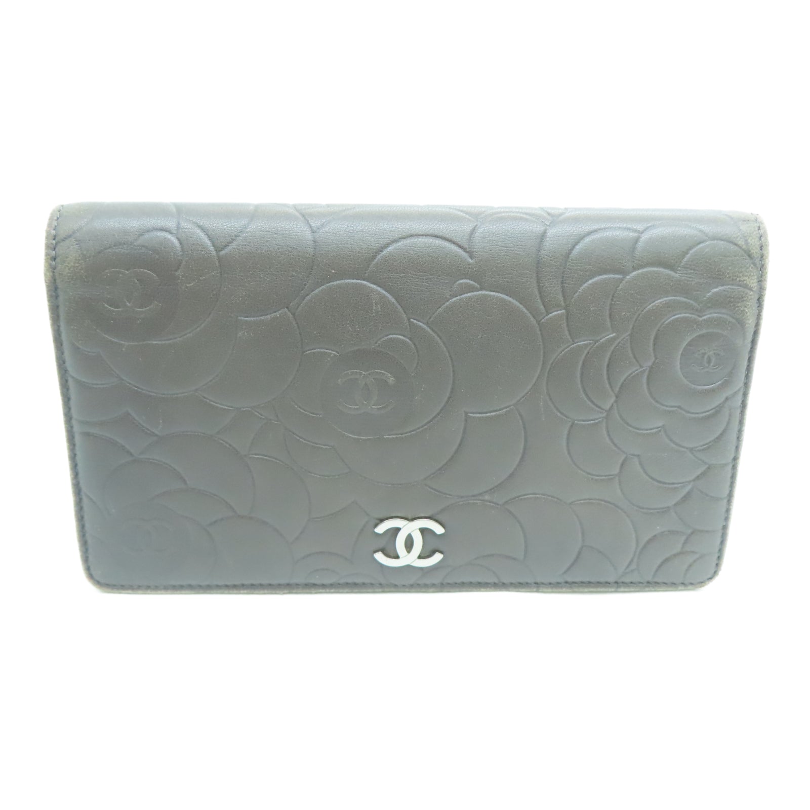 CHANEL 羊皮皮革Long Wallet银扣长钱包灰色/卡其色
