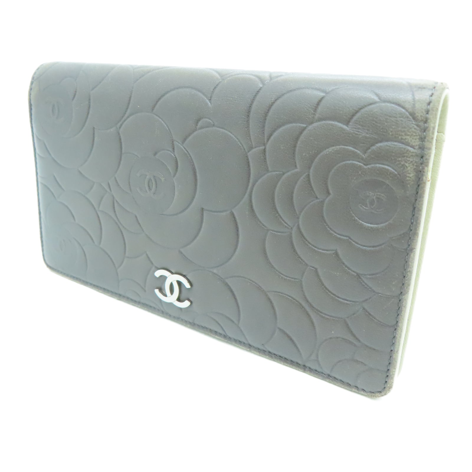 CHANEL 羊皮皮革Long Wallet银扣长钱包灰色/卡其色