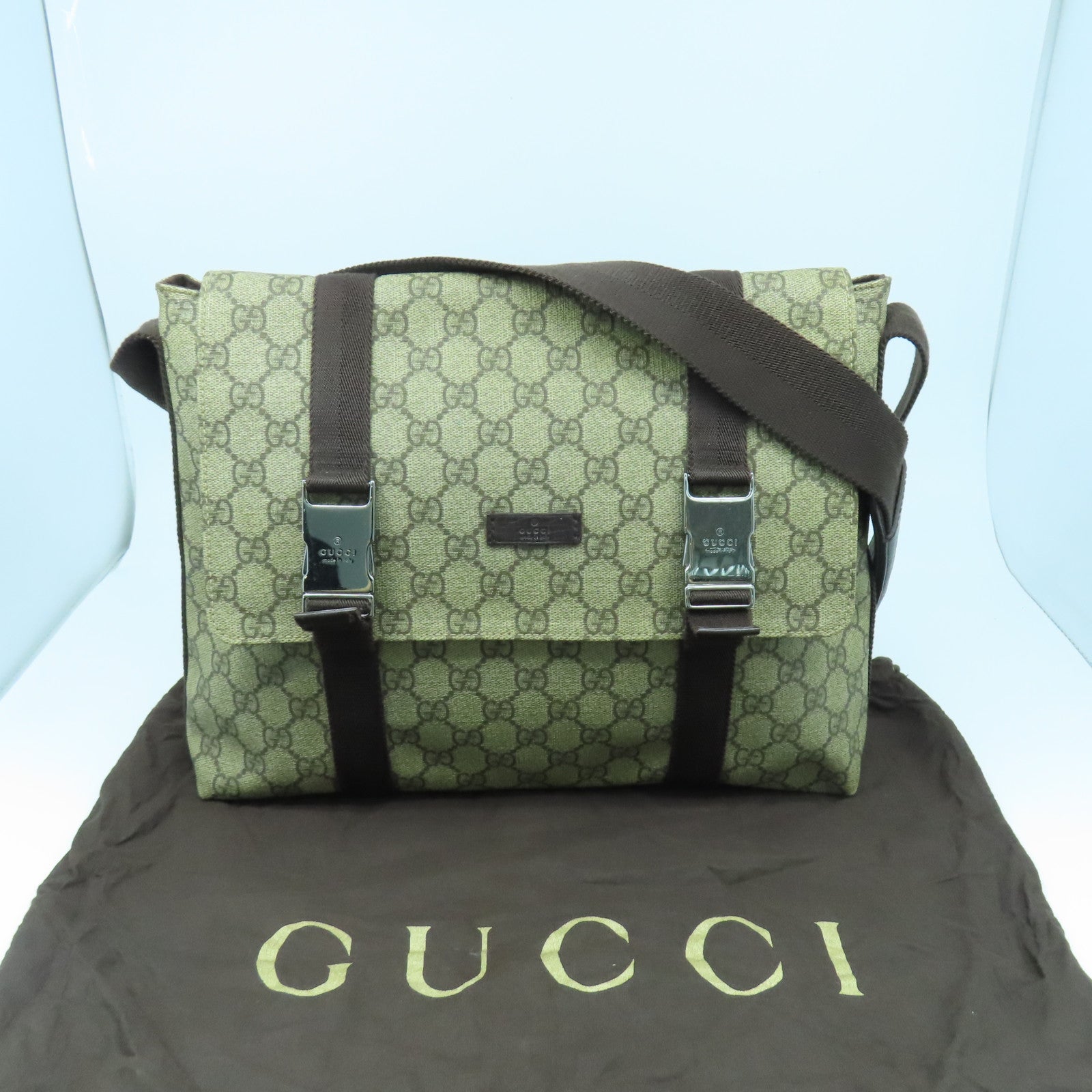 GUCCI 塗層帆布Shoulder Bag銀扣肩背袋棕色