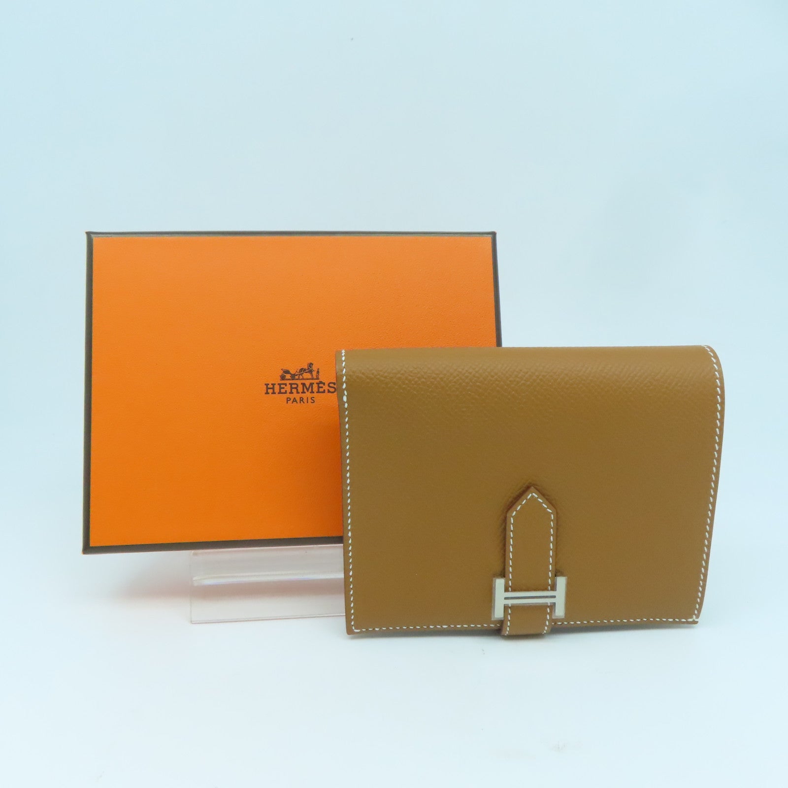 HERMES Epsom皮革Bearn W Snap銀扣錢包Gold經典駝色