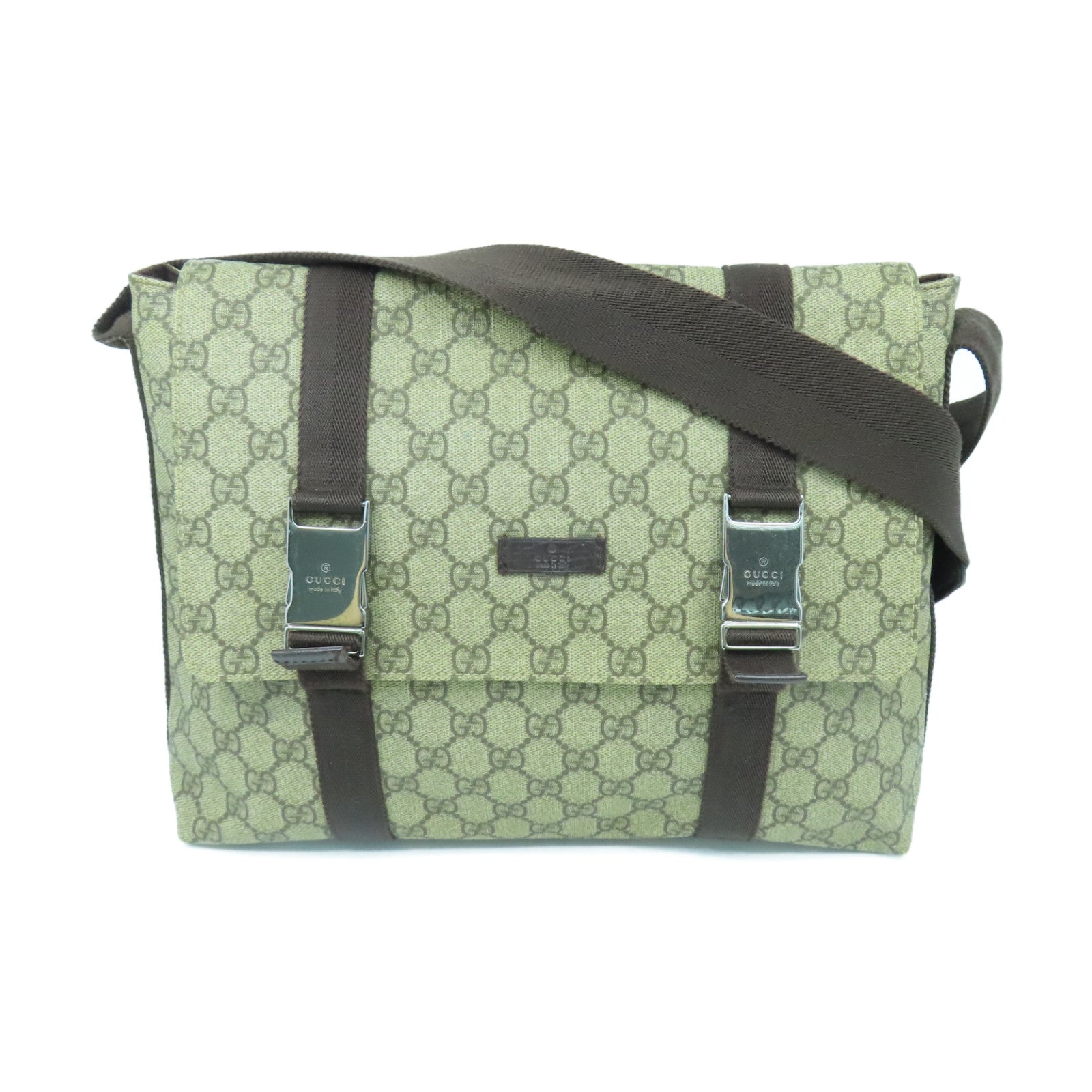 GUCCI 塗層帆布Shoulder Bag銀扣肩背袋棕色