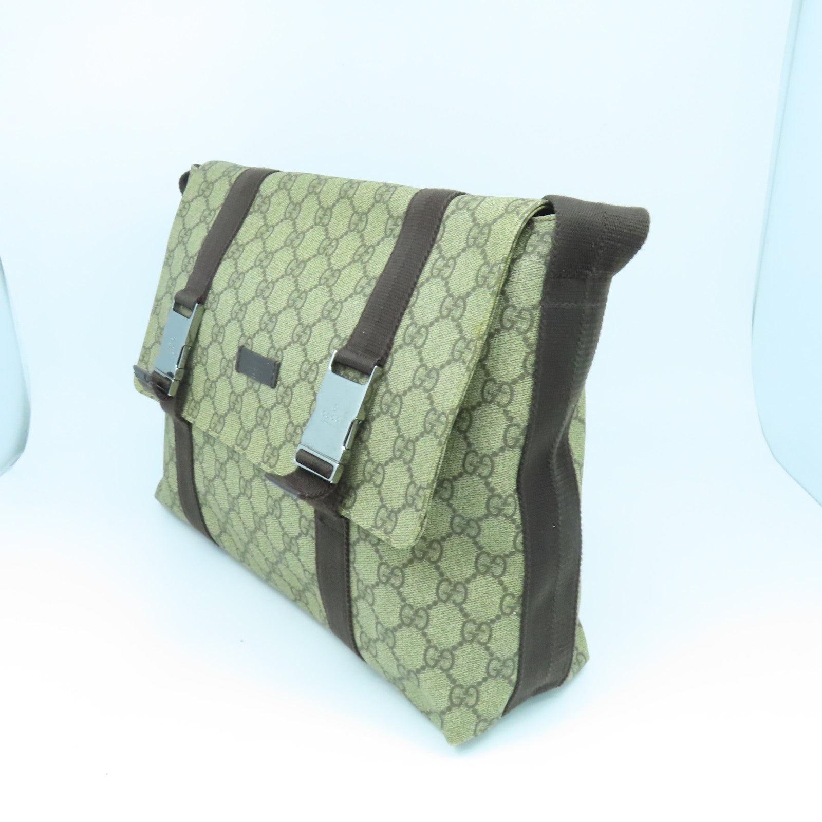 GUCCI 塗層帆布Shoulder Bag銀扣肩背袋棕色
