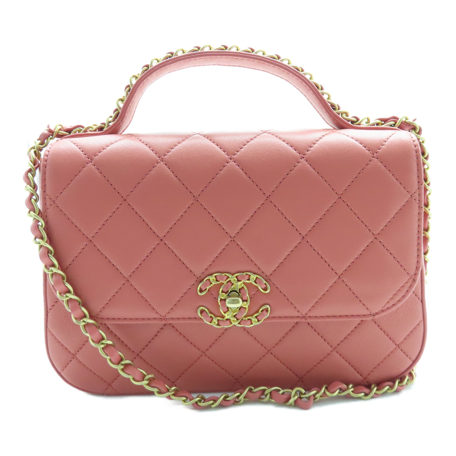 CHANEL 菱格牛皮皮革Chain Shoulder金扣手挽肩背两用袋粉红色
