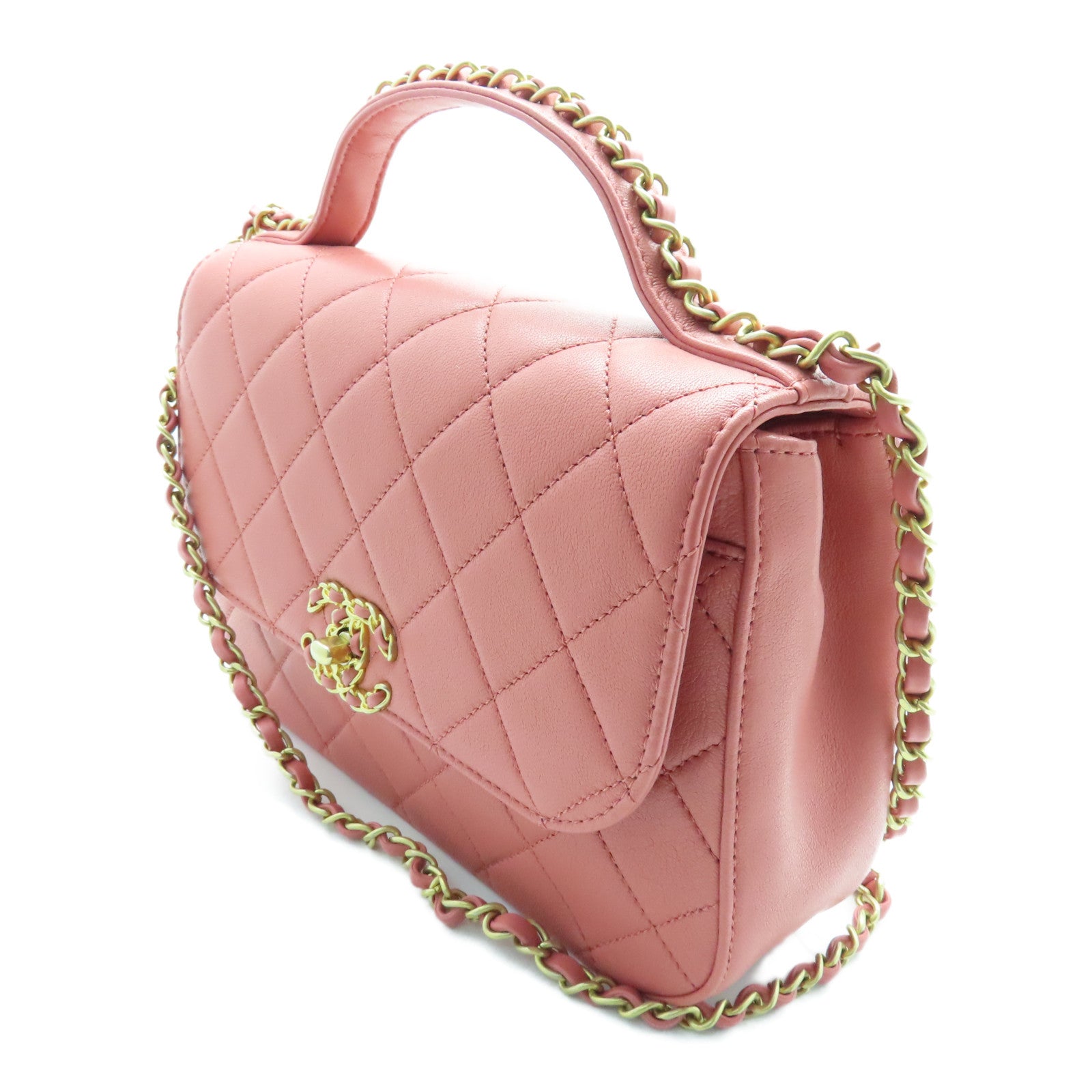 CHANEL 菱格牛皮皮革Chain Shoulder金扣手挽肩背两用袋粉红色