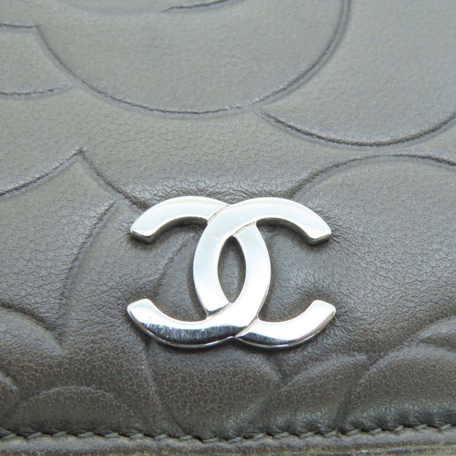 CHANEL 羊皮皮革Long Wallet银扣长钱包灰色/卡其色