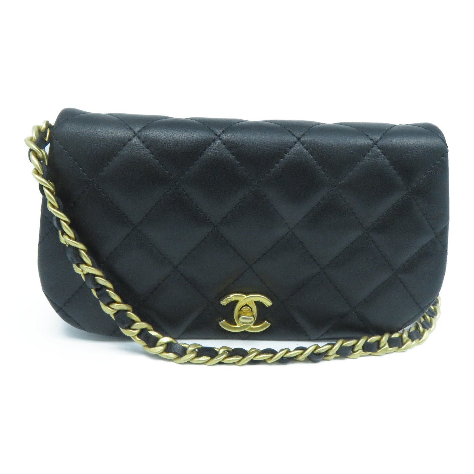 CHANEL 菱格牛皮皮革Clutch with chain金扣鏈帶肩背袋黑色