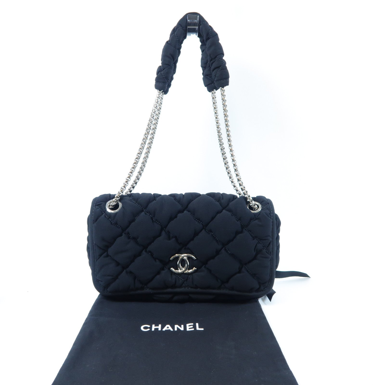 CHANEL 菱格帆布Chain Shoulder Bag銀扣鏈帶肩背袋黑色