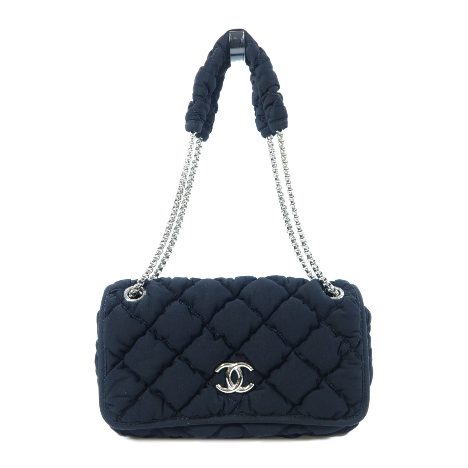 CHANEL 菱格帆布Chain Shoulder Bag銀扣鏈帶肩背袋黑色
