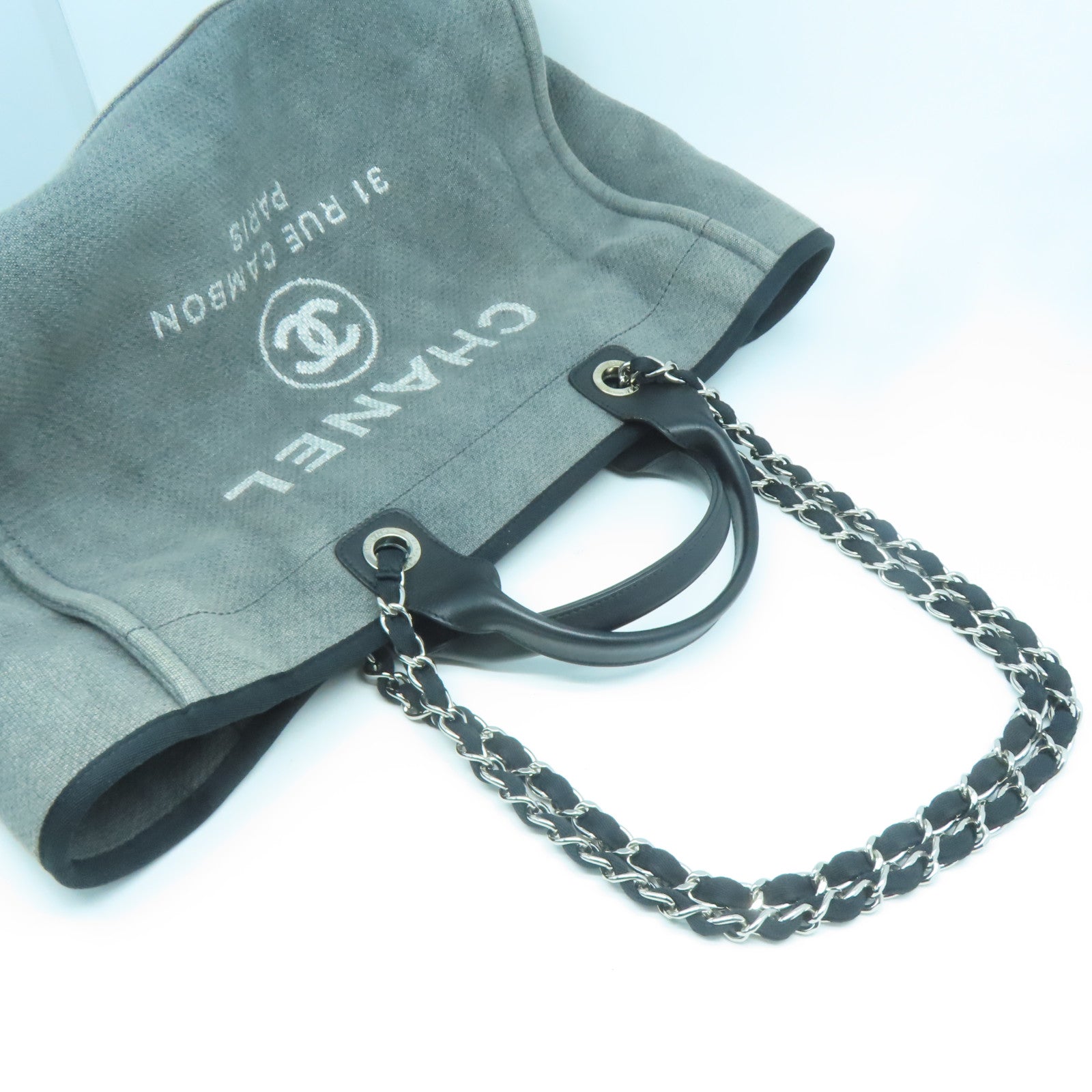 CHANEL 帆布Deauville Tote Bag銀扣手挽袋灰色