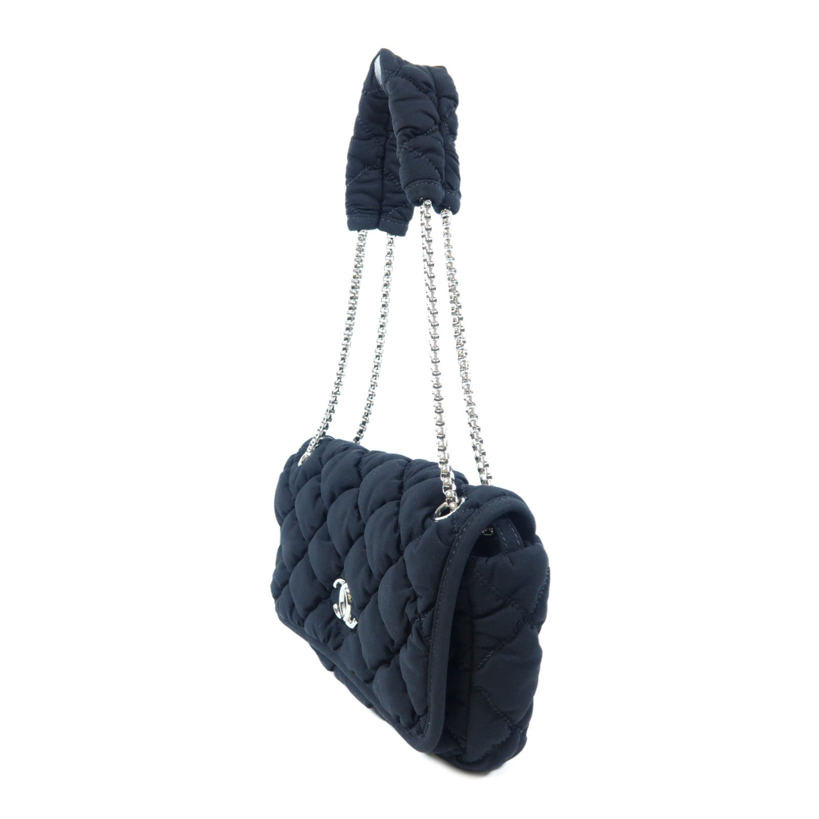 CHANEL 菱格帆布Chain Shoulder Bag銀扣鏈帶肩背袋黑色