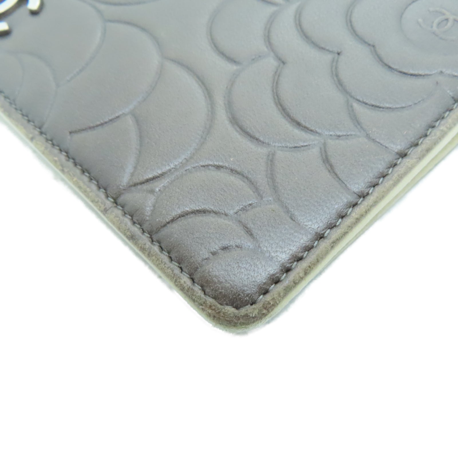 CHANEL 羊皮皮革Long Wallet银扣长钱包灰色/卡其色