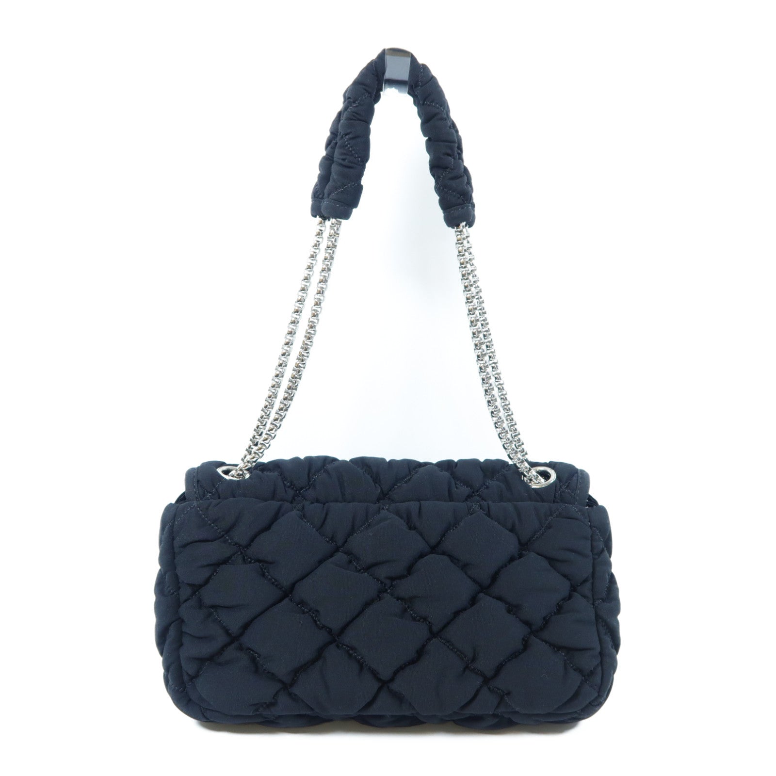 CHANEL 菱格帆布Chain Shoulder Bag銀扣鏈帶肩背袋黑色