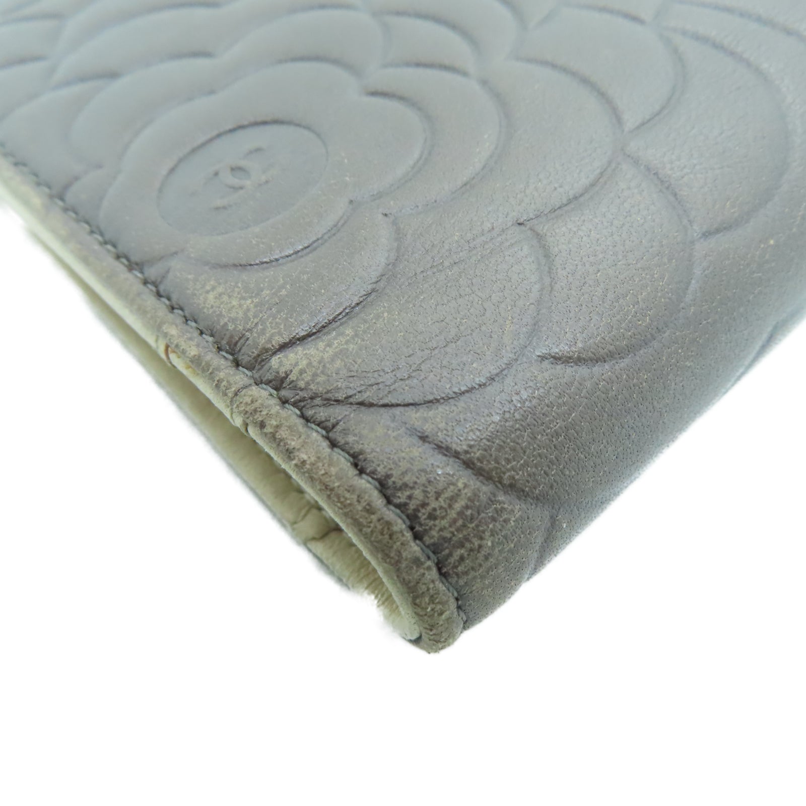 CHANEL 羊皮皮革Long Wallet银扣长钱包灰色/卡其色