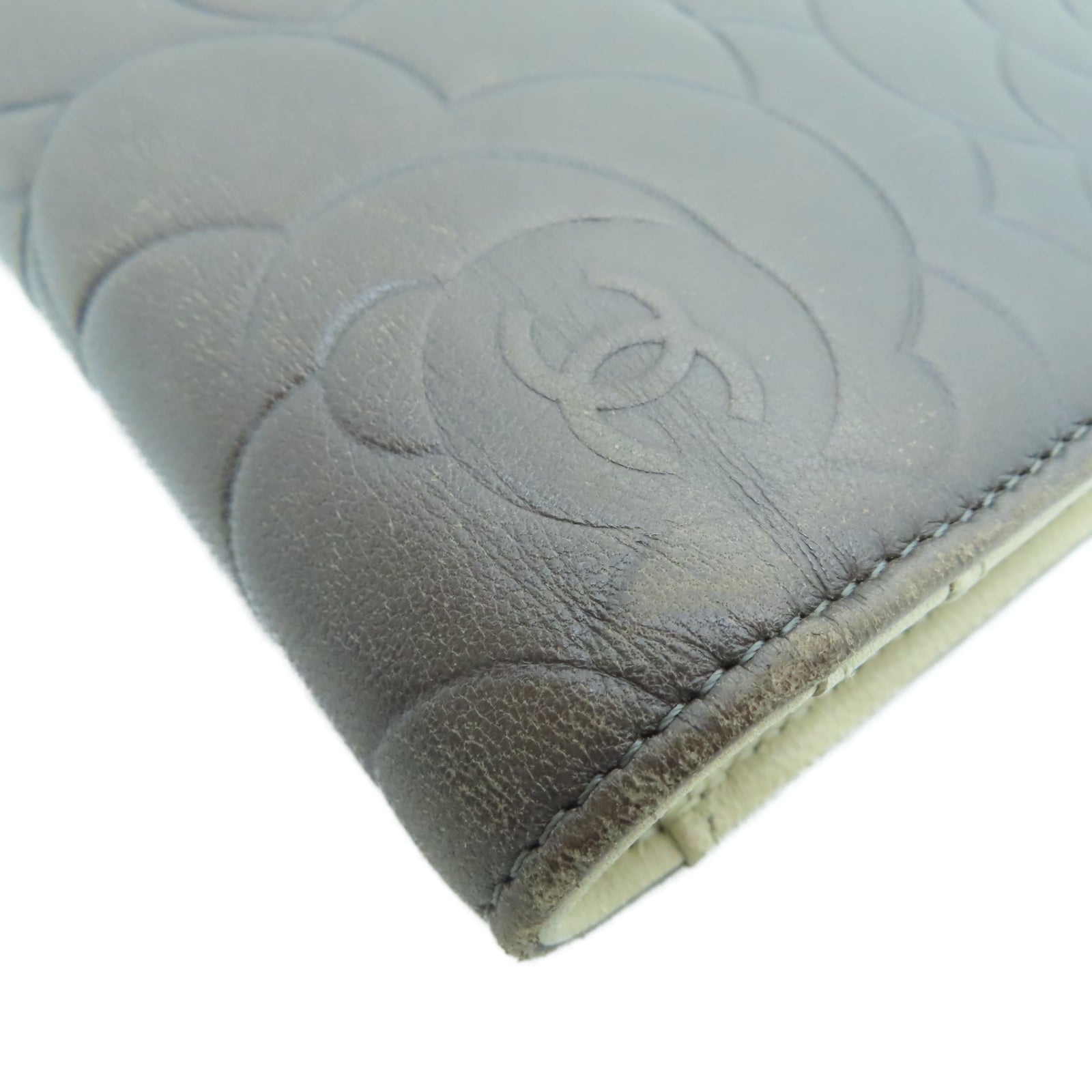 CHANEL 羊皮皮革Long Wallet银扣长钱包灰色/卡其色