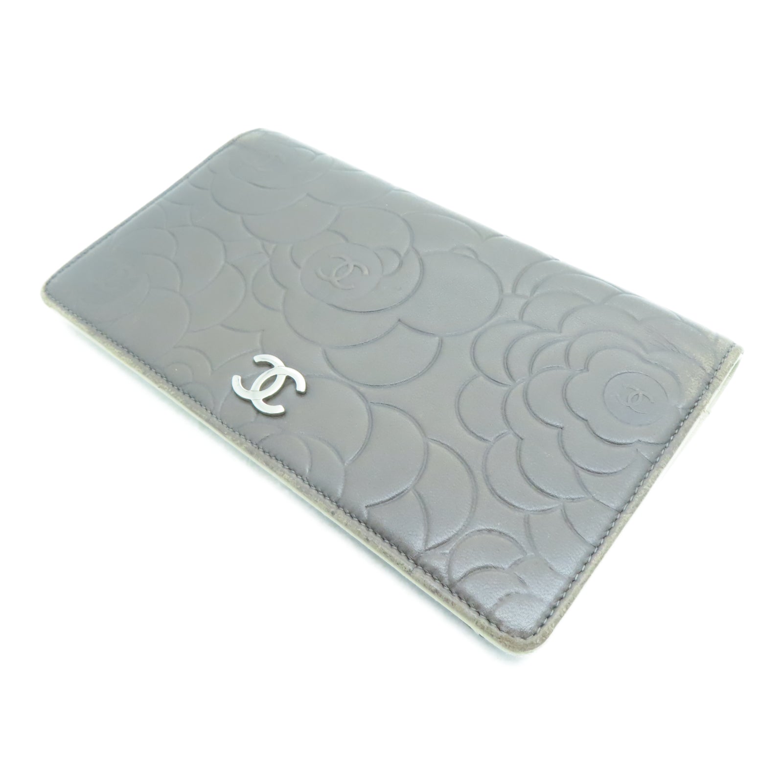 CHANEL 羊皮皮革Long Wallet银扣长钱包灰色/卡其色