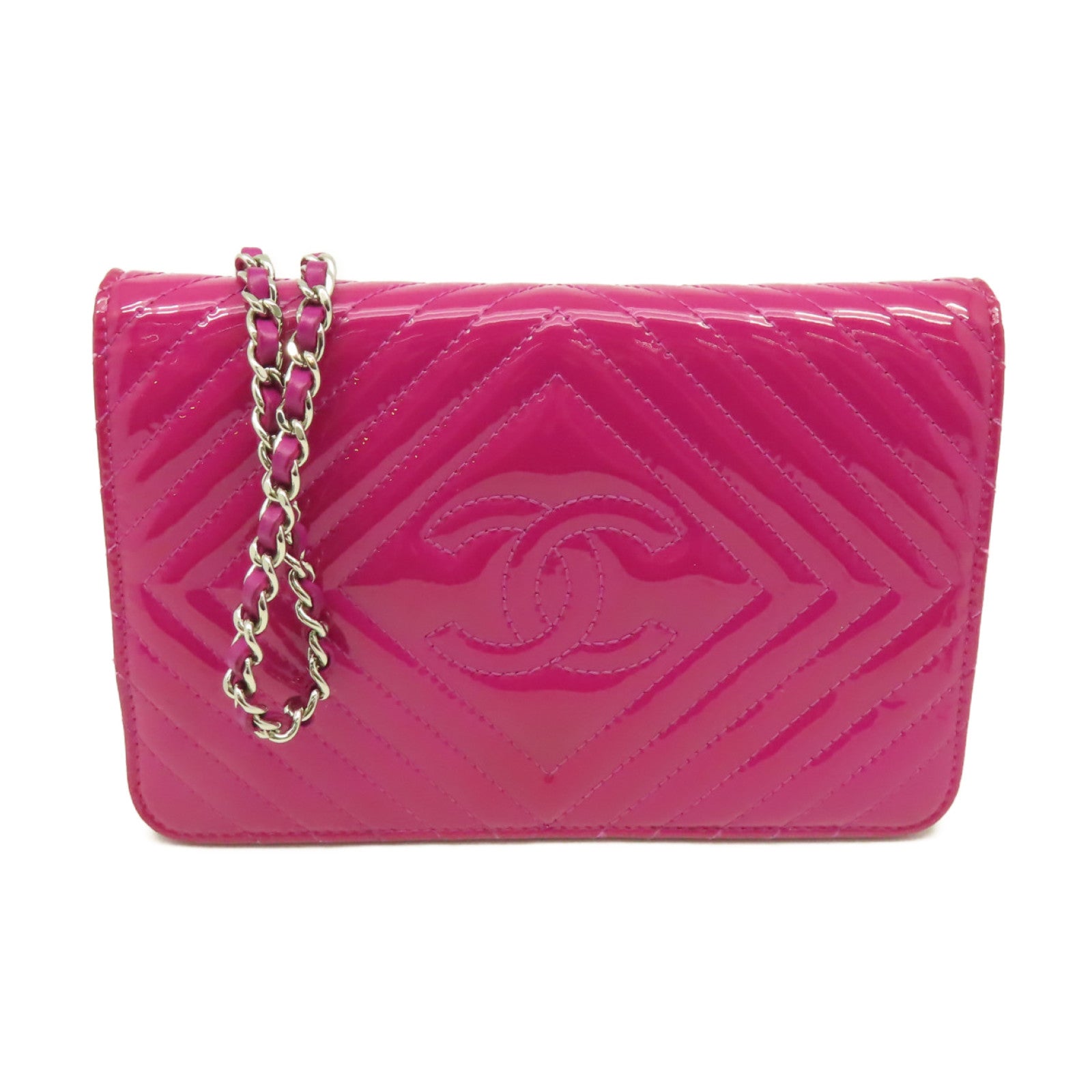 CHANEL 斜紋漆皮皮革WOC Wallet On Chain Shoulder Bag銀扣鏈帶肩背袋紫色