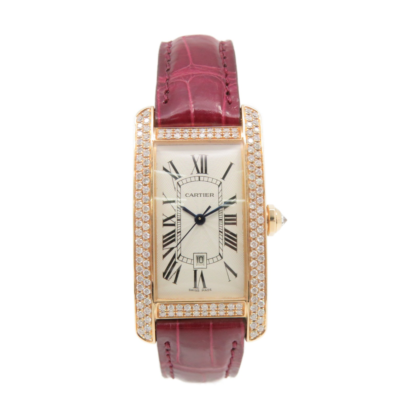 CARTIER 【激減優惠】鱷魚皮革/18K玫瑰金/鑽石Tank American Watch自動機芯手錶白色