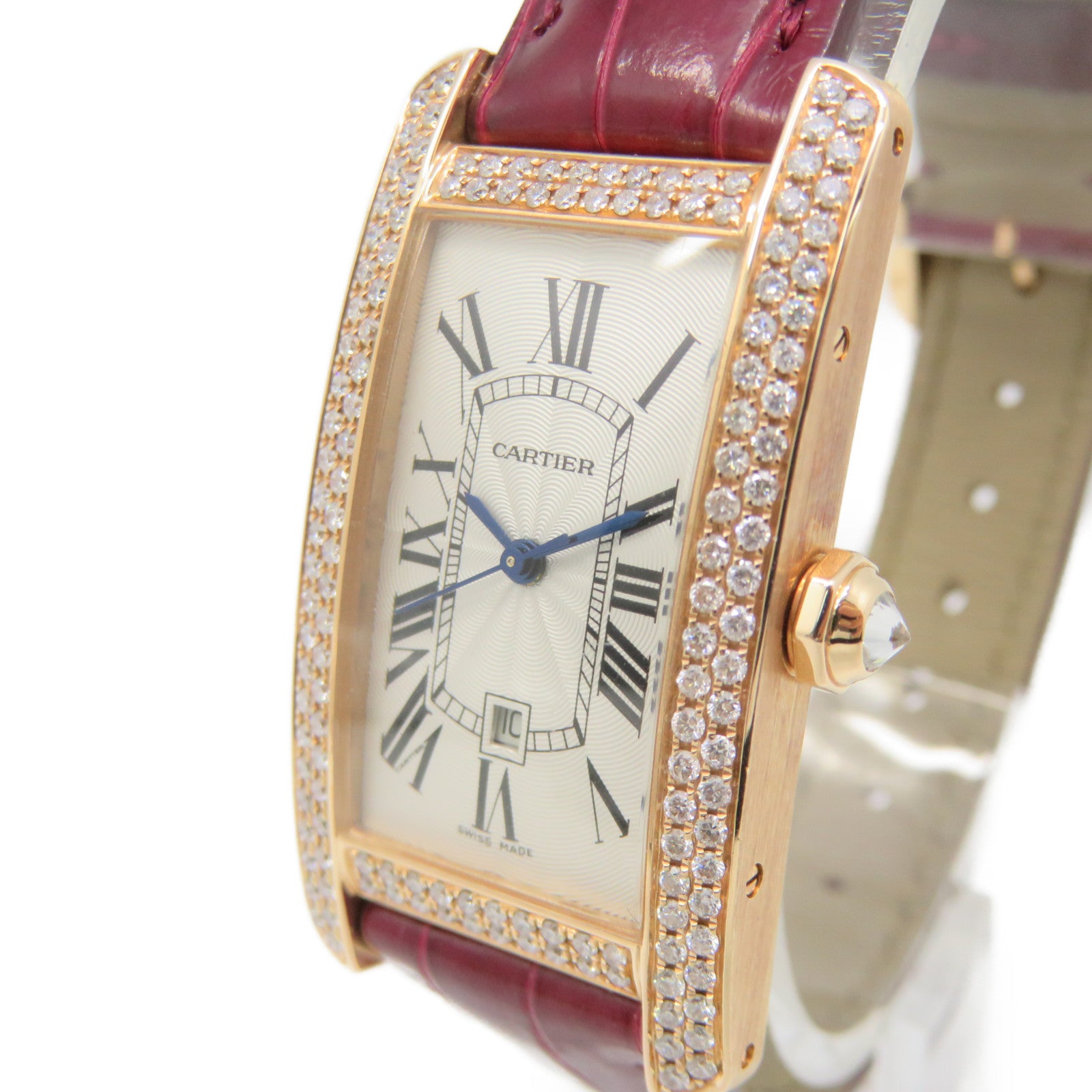 CARTIER 【激減優惠】鱷魚皮革/18K玫瑰金/鑽石Tank American Watch自動機芯手錶白色