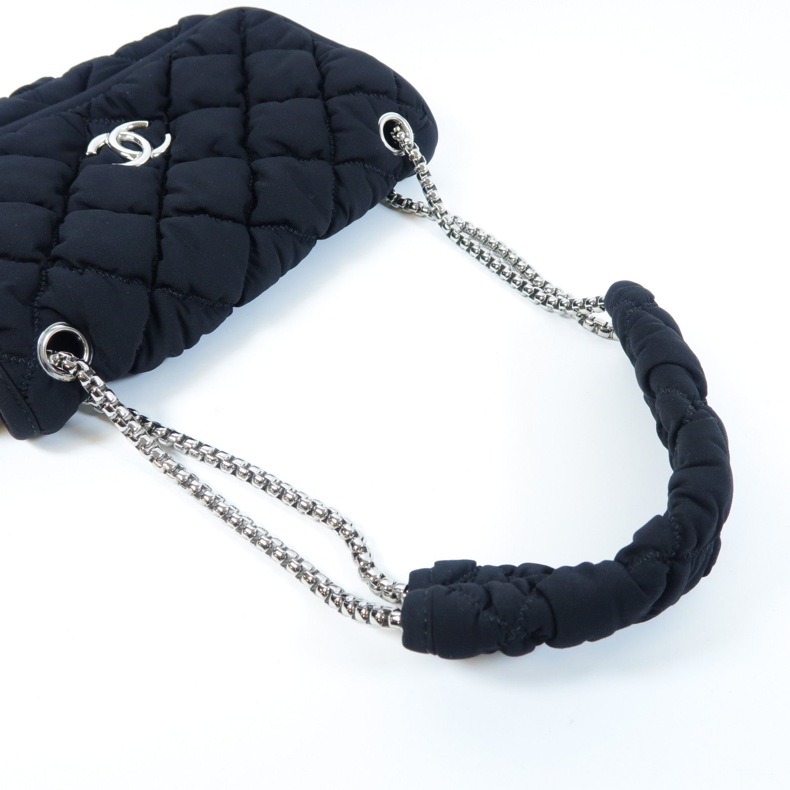 CHANEL 菱格帆布Chain Shoulder Bag銀扣鏈帶肩背袋黑色