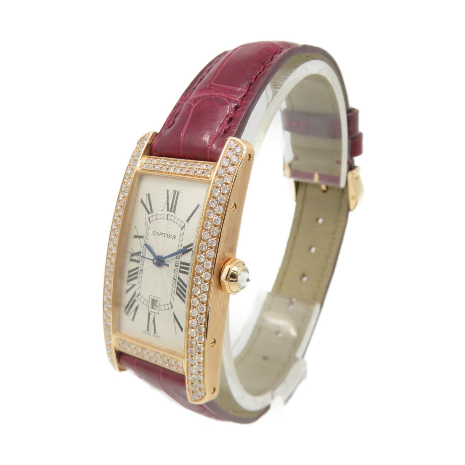 CARTIER 【激減優惠】鱷魚皮革/18K玫瑰金/鑽石Tank American Watch自動機芯手錶白色
