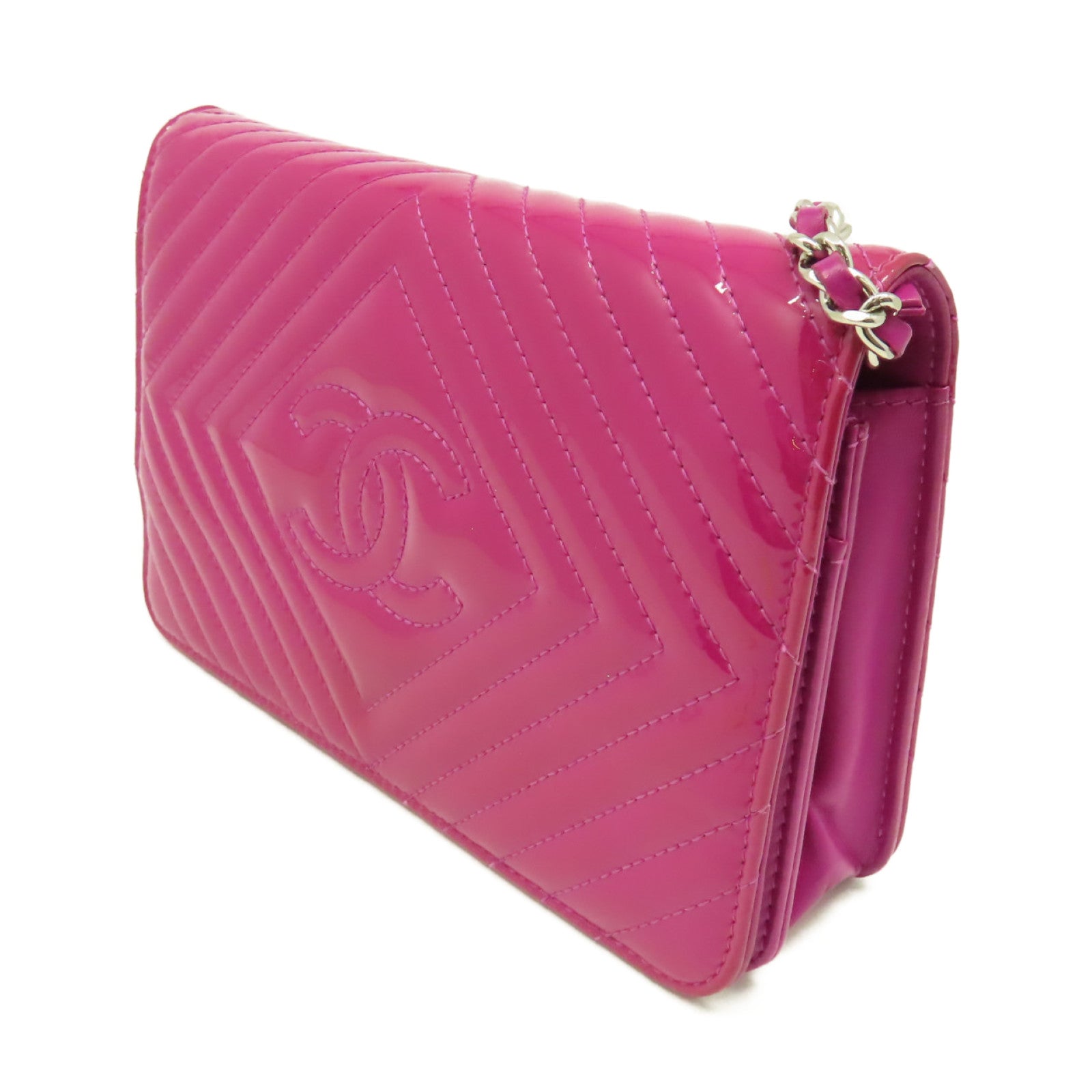 CHANEL 斜紋漆皮皮革WOC Wallet On Chain Shoulder Bag銀扣鏈帶肩背袋紫色