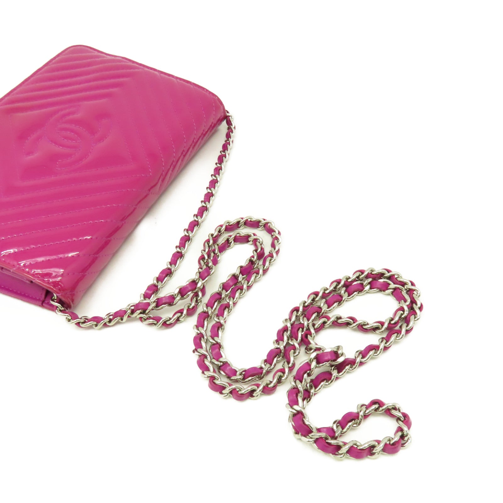 CHANEL 斜紋漆皮皮革WOC Wallet On Chain Shoulder Bag銀扣鏈帶肩背袋紫色