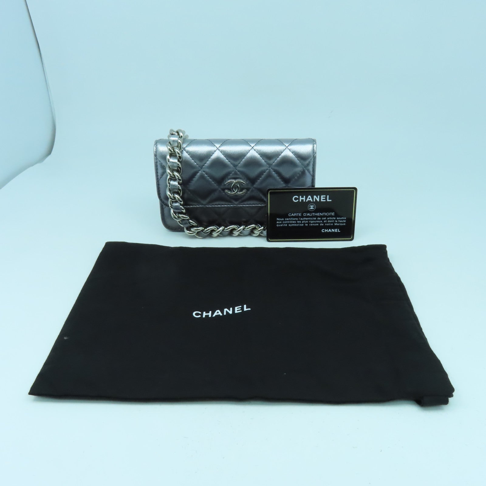 CHANEL 菱格羊皮皮革Chain Shoulder銀扣鏈帶肩背袋銀色
