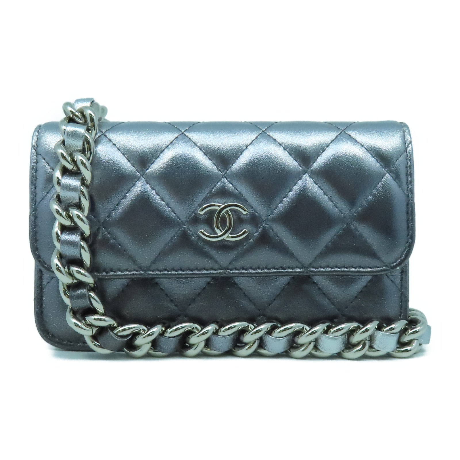 CHANEL 菱格羊皮皮革Chain Shoulder銀扣鏈帶肩背袋銀色