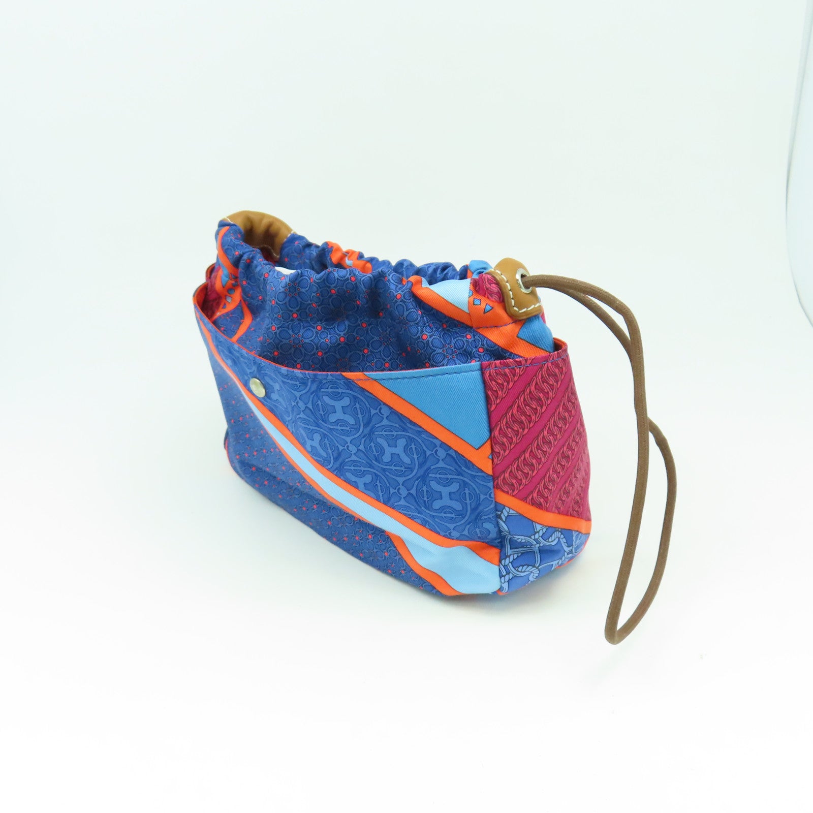 HERMES 絲質Pouch銀扣手拿包藍色/紅色