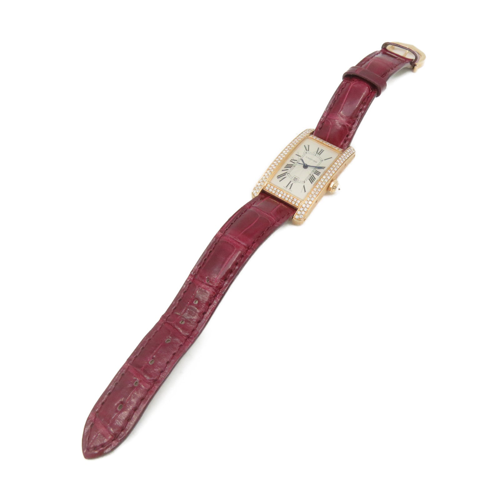 CARTIER 【激減優惠】鱷魚皮革/18K玫瑰金/鑽石Tank American Watch自動機芯手錶白色