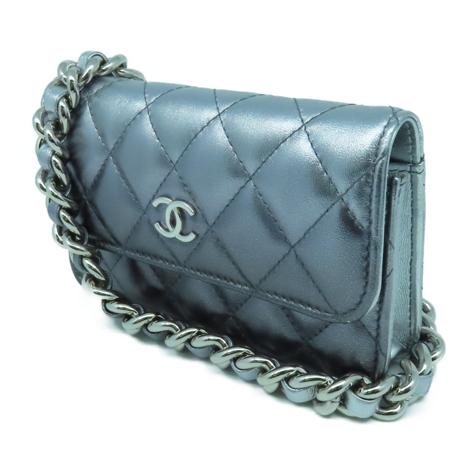 CHANEL 菱格羊皮皮革Chain Shoulder銀扣鏈帶肩背袋銀色