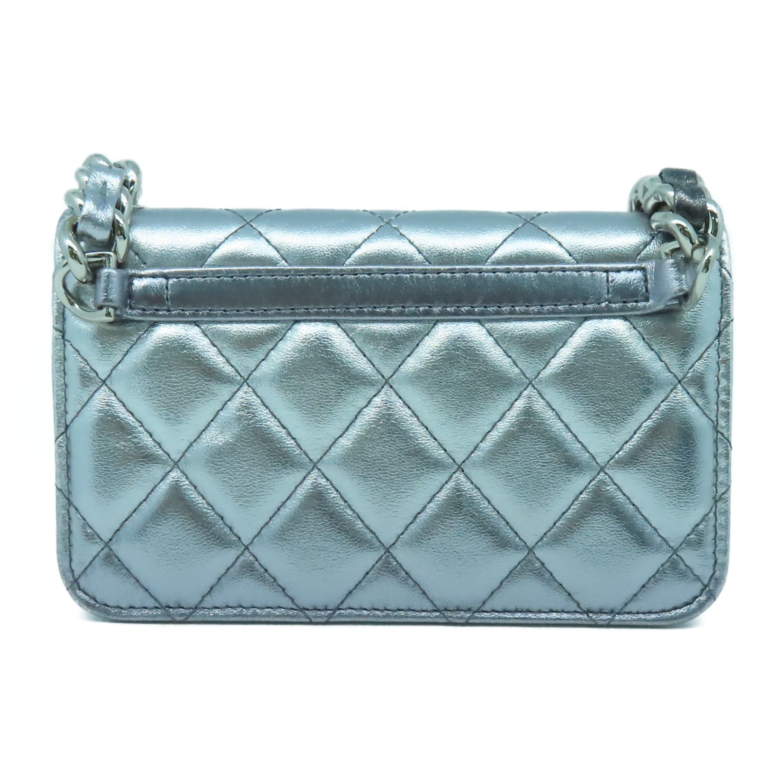 CHANEL 菱格羊皮皮革Chain Shoulder銀扣鏈帶肩背袋銀色