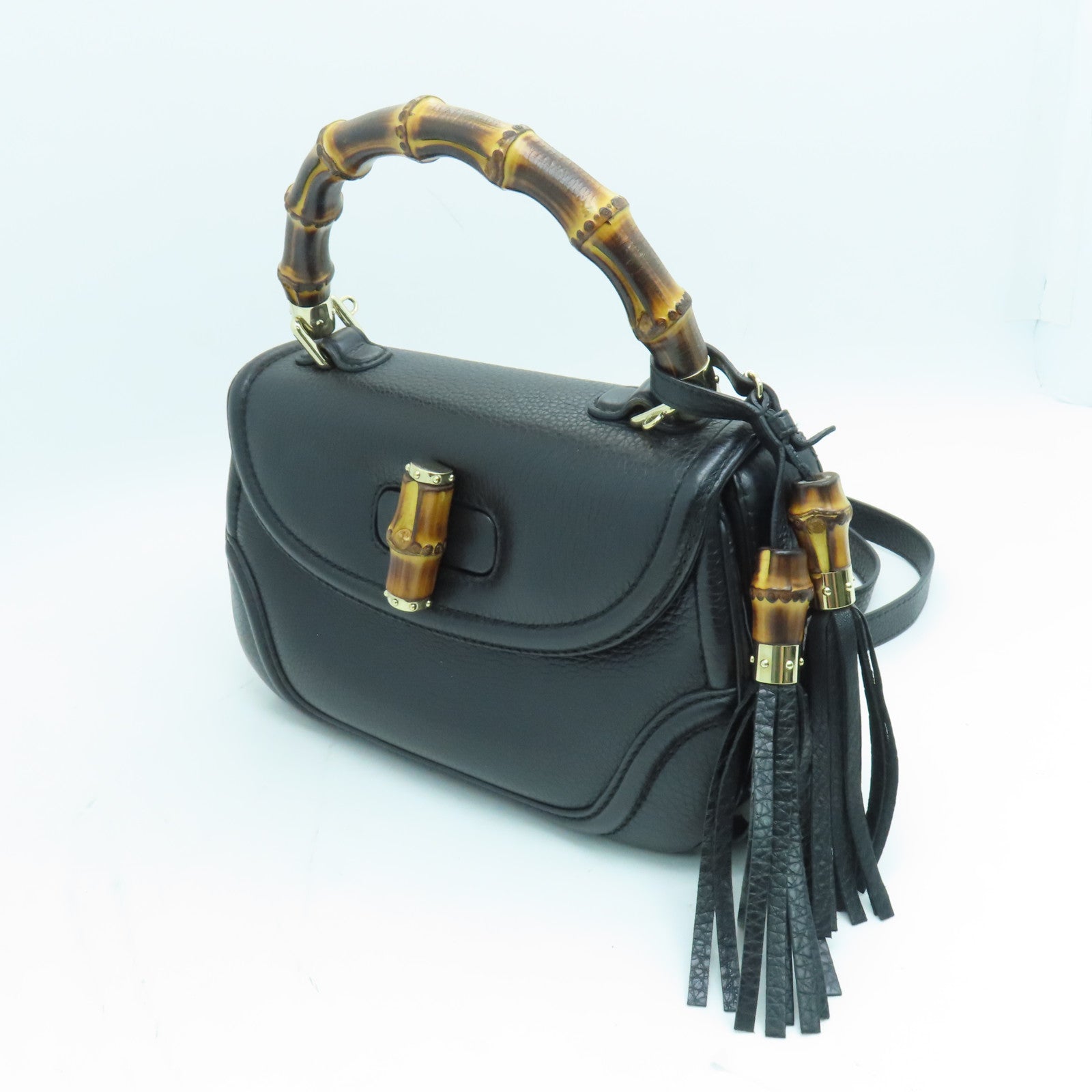 GUCCI 【激減優惠】牛皮皮革Bamboo 2 Way Bag銀扣手挽肩背兩用袋黑色