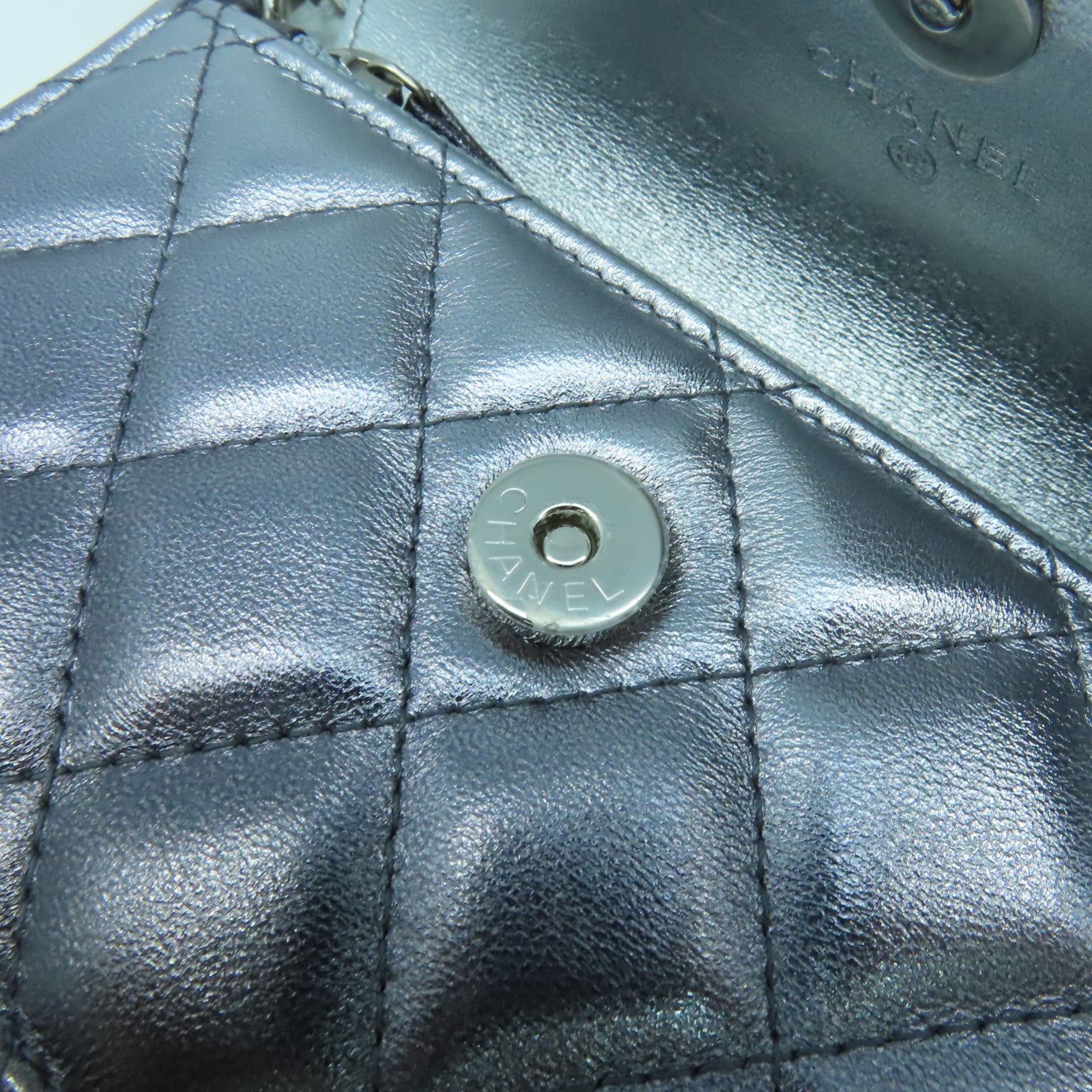 CHANEL 菱格羊皮皮革Chain Shoulder銀扣鏈帶肩背袋銀色
