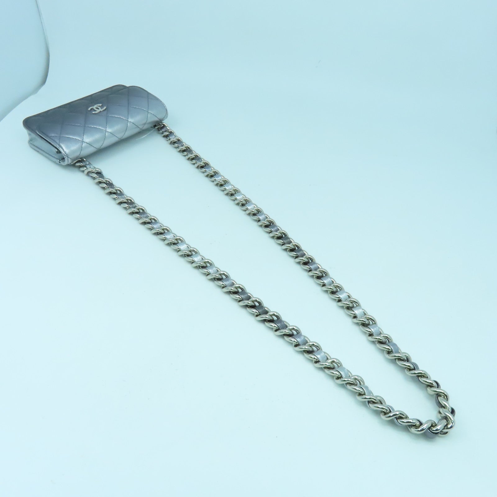 CHANEL 菱格羊皮皮革Chain Shoulder銀扣鏈帶肩背袋銀色