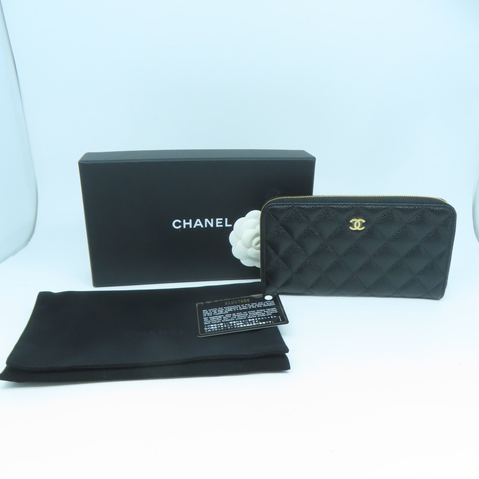 CHANEL 菱格Caviar皮革Long Wallet金扣長錢包黑色