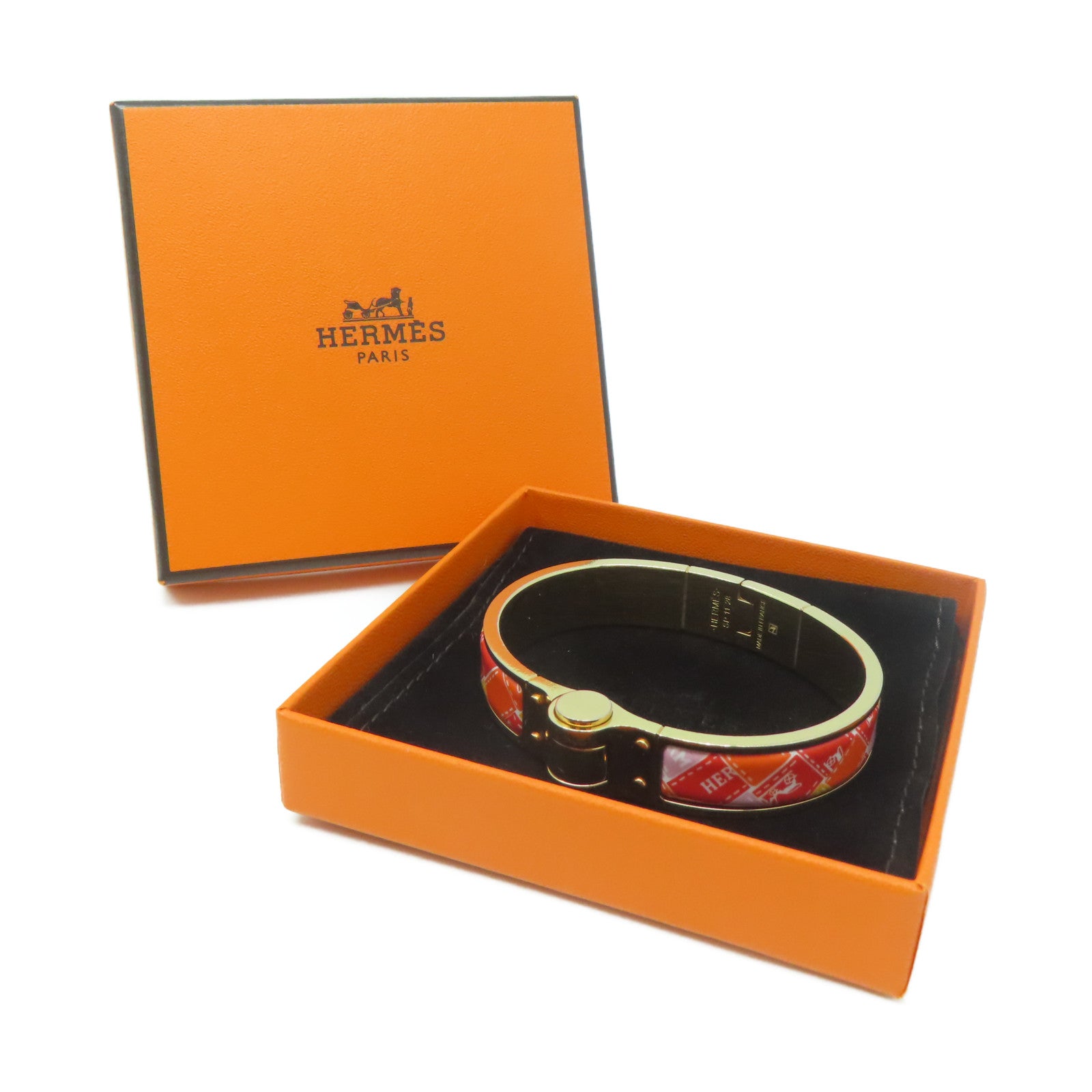 HERMES 金屬/琺瑯Hinged Bracelet手鐲金色/橙色/紅色