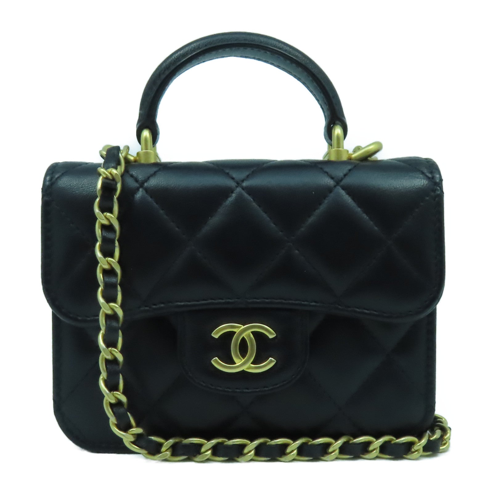 CHANEL 菱格羊皮皮革Chain Shoulder金扣鏈帶肩背袋黑色
