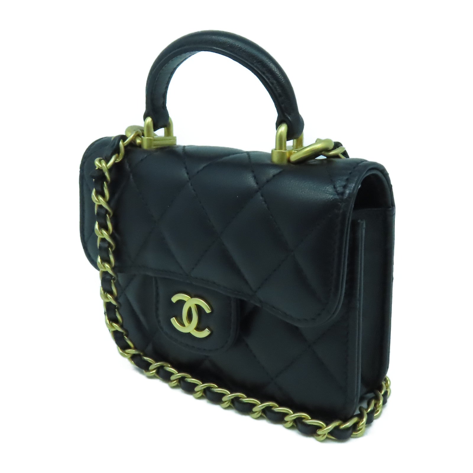CHANEL 菱格羊皮皮革Chain Shoulder金扣鏈帶肩背袋黑色