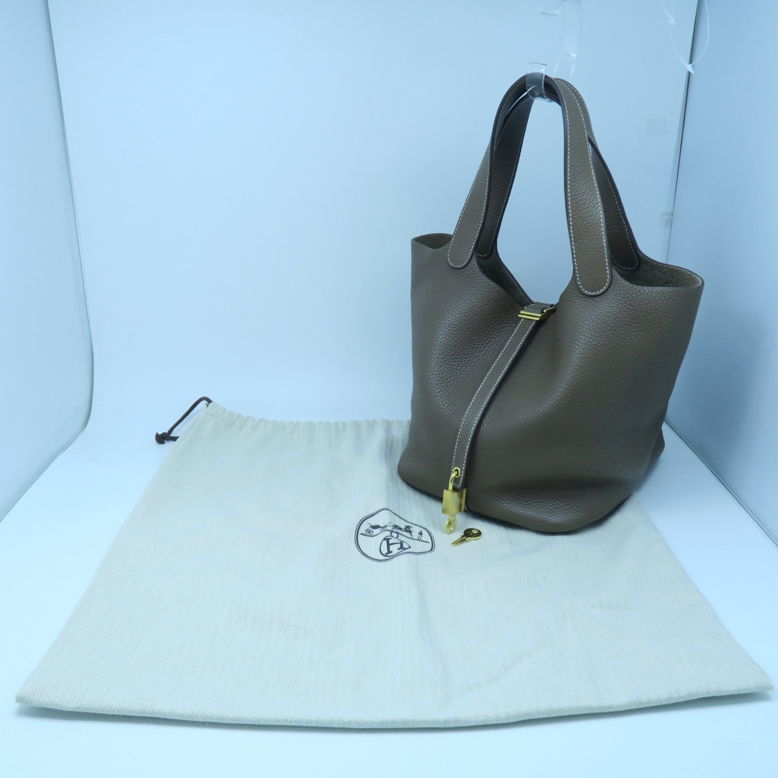 HERMES Clemence Leather Picotin MM Gold Buckle Handle Bag Elephant Gray