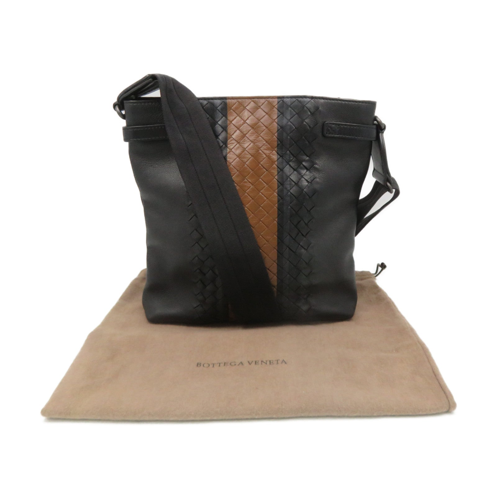 BOTTEGA VENETA 羊皮皮革/織紋皮革Shoulder Bag肩背袋黑色/啡色