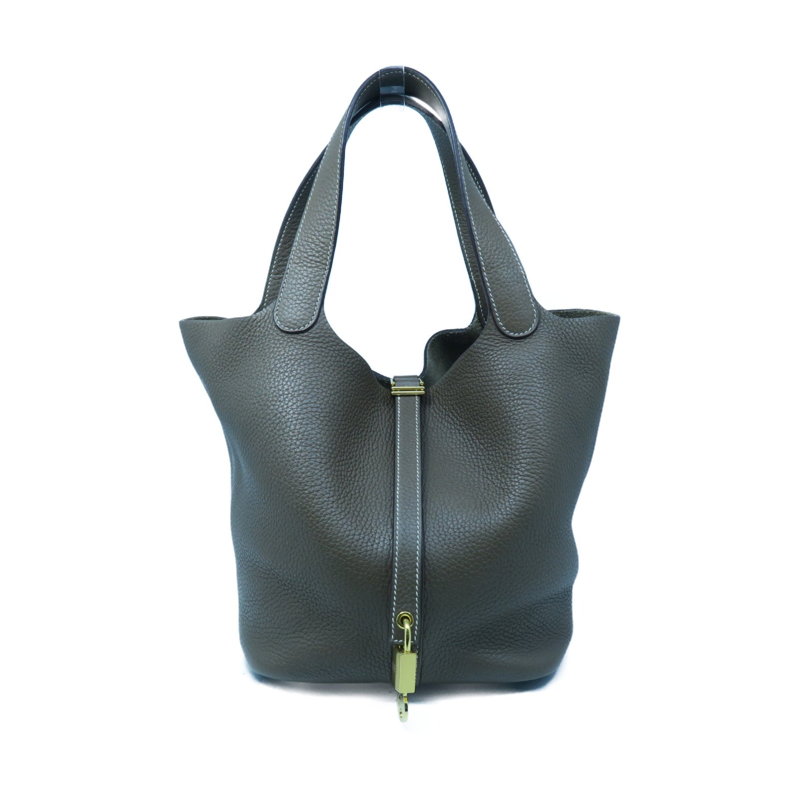 HERMES Clemence Leather Picotin MM Gold Buckle Handle Bag Elephant Gray