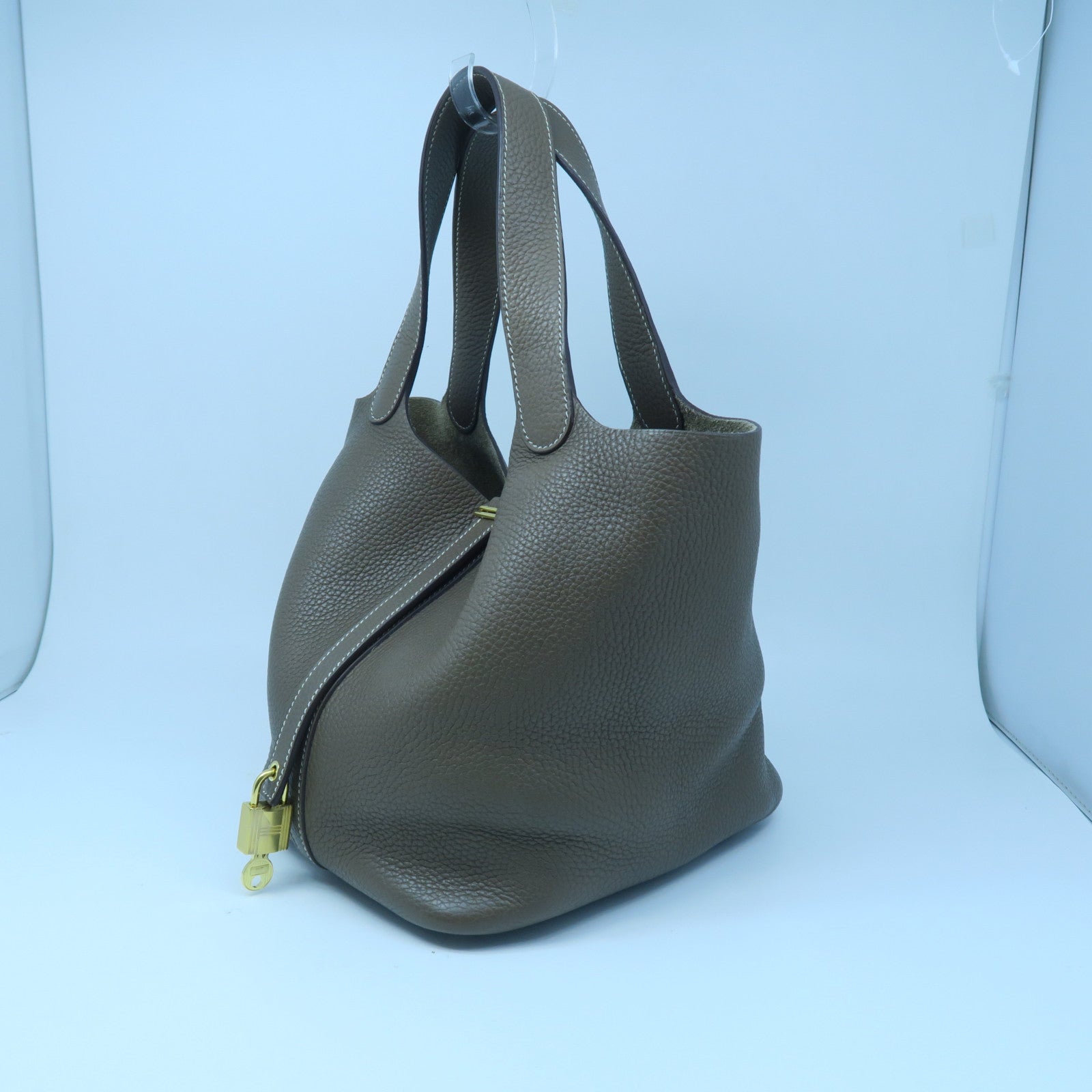 HERMES Clemence Leather Picotin MM Gold Buckle Handle Bag Elephant Gray