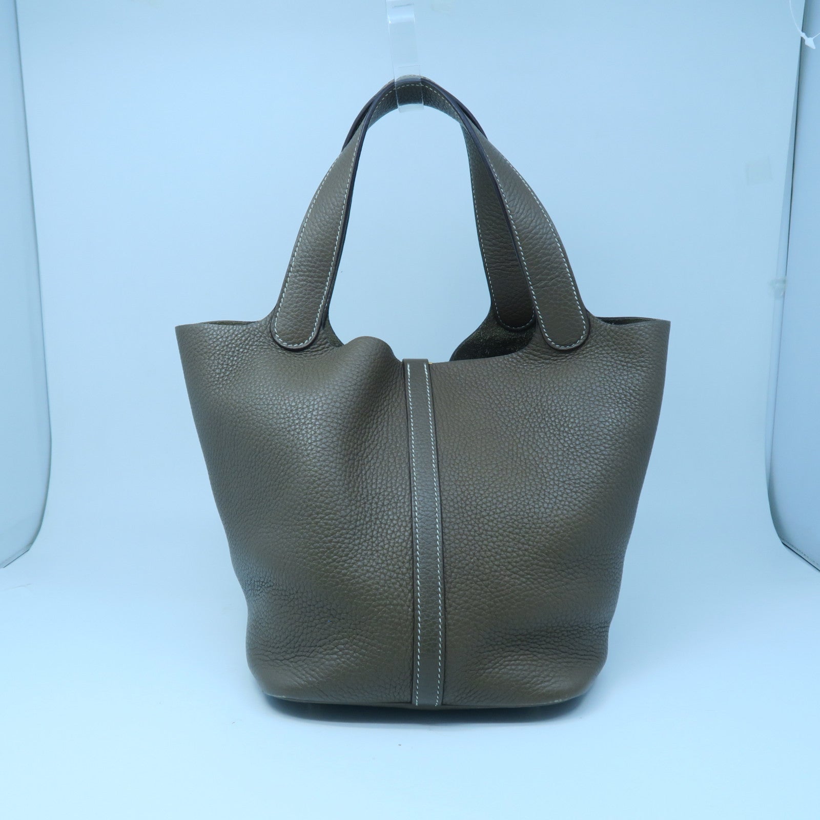HERMES Clemence Leather Picotin MM Gold Buckle Handle Bag Elephant Gray