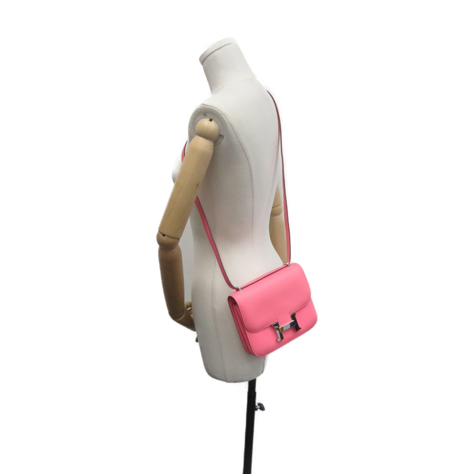 HERMES Swift皮革Constance Mini Shoulder Bag银扣肩背袋Rose Azalee粉红色