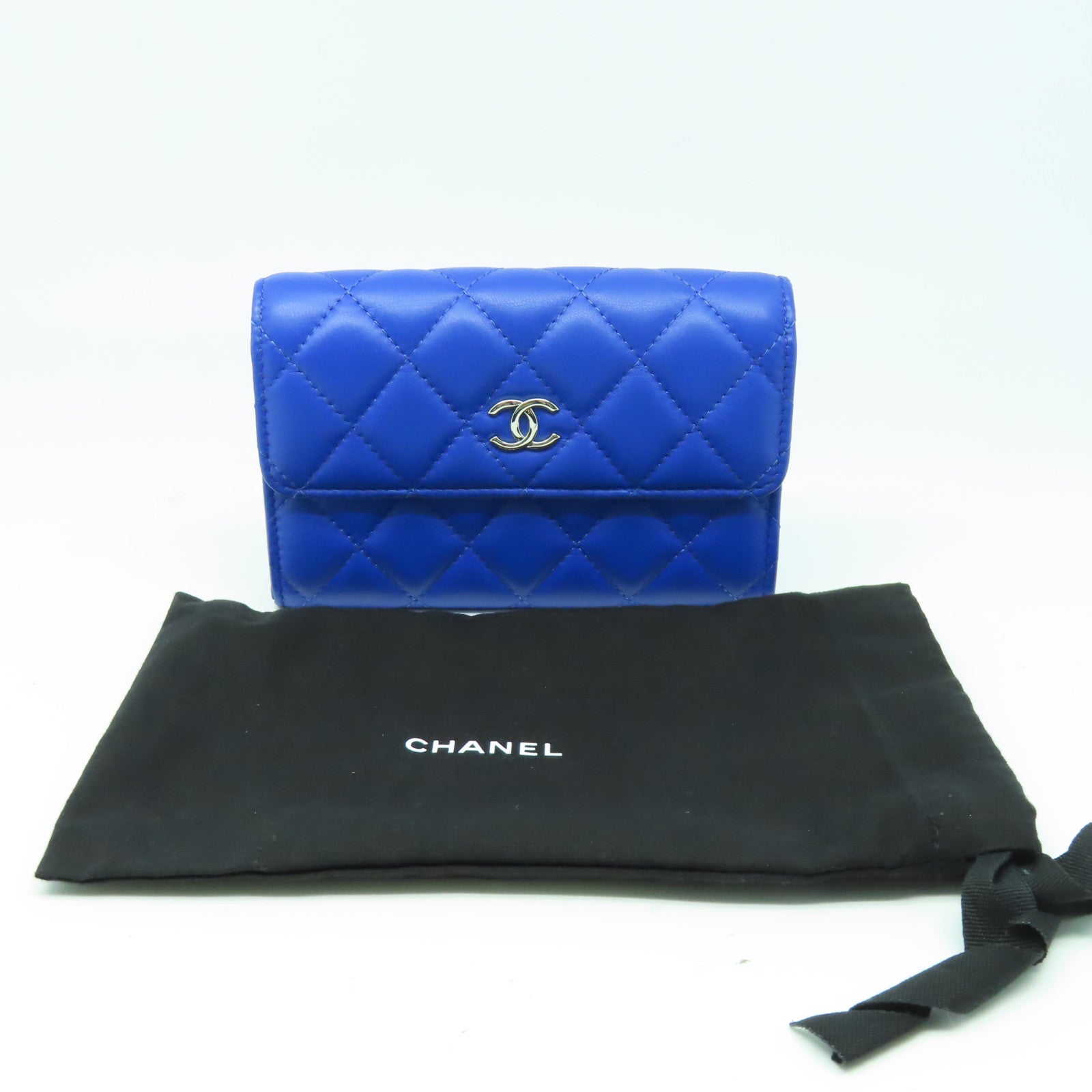 CHANEL 【激減優惠】菱格羊皮皮革Wallet銀扣長錢包藍色