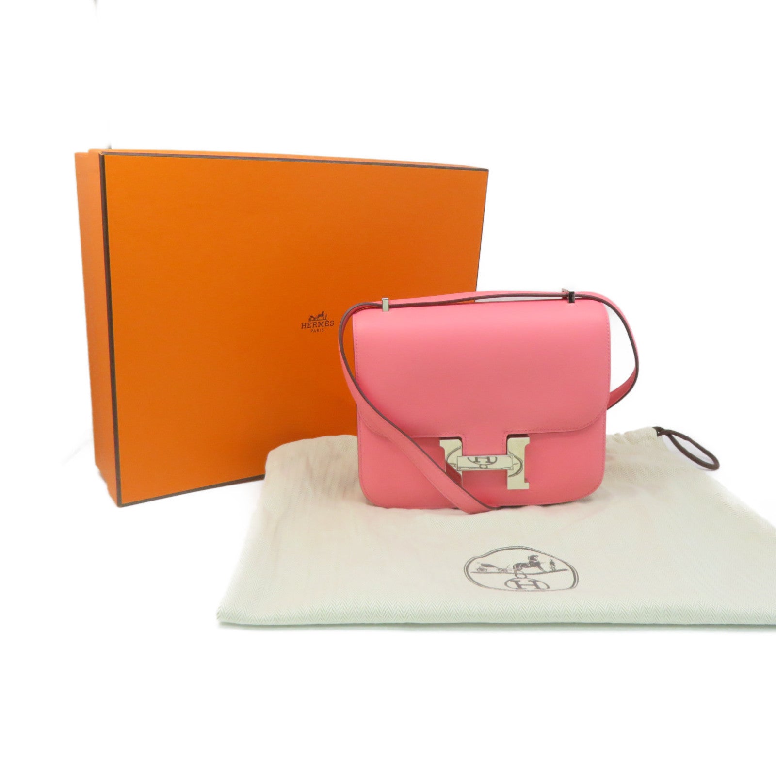 HERMES Swift皮革Constance Mini Shoulder Bag银扣肩背袋Rose Azalee粉红色