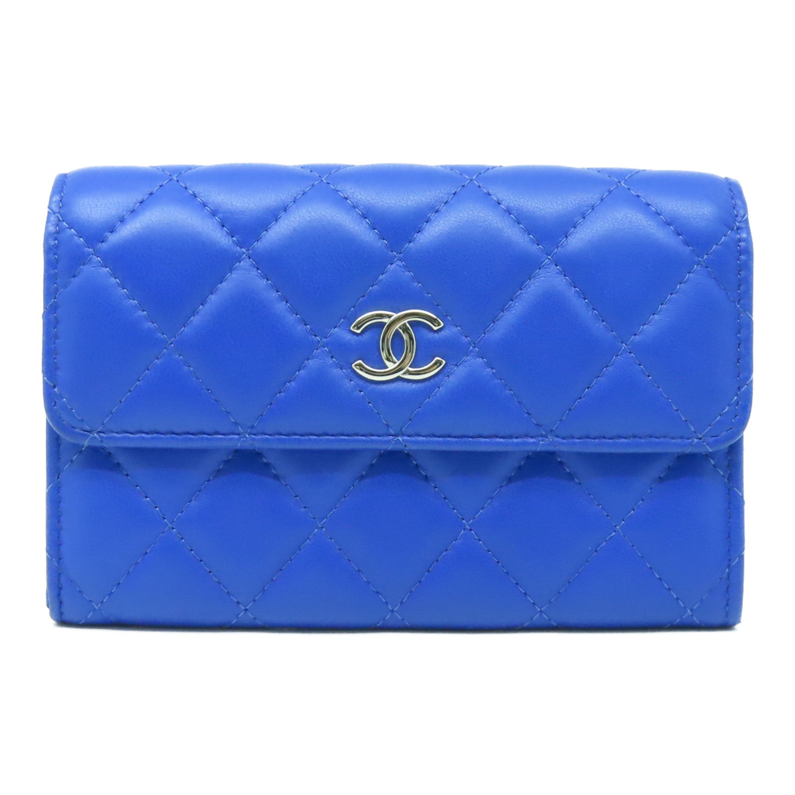 CHANEL 【激減優惠】菱格羊皮皮革Wallet銀扣長錢包藍色