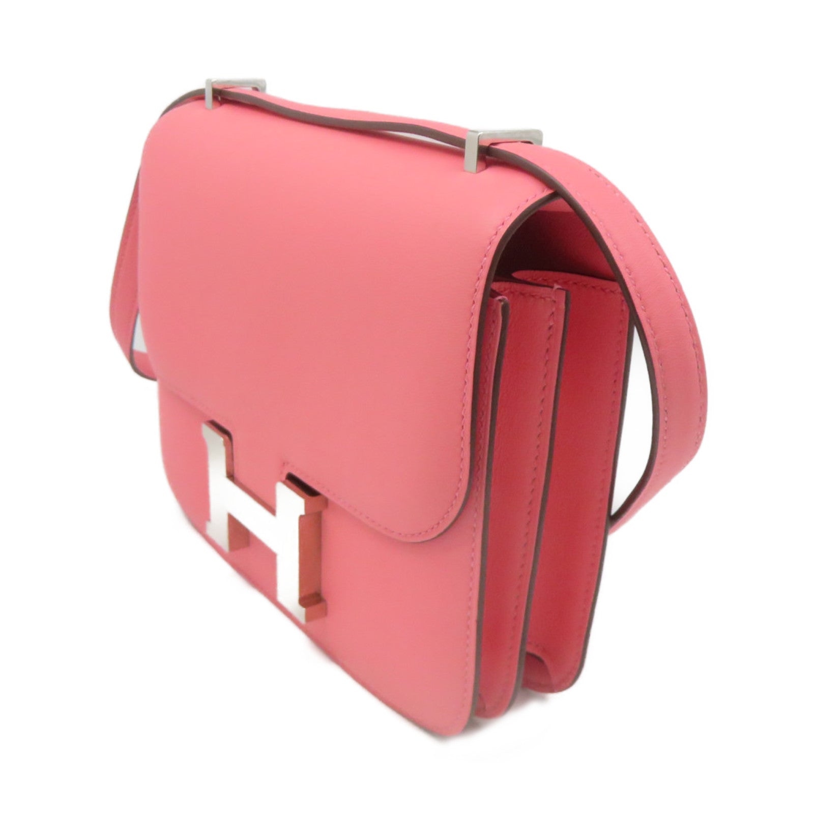 HERMES Swift皮革Constance Mini Shoulder Bag银扣肩背袋Rose Azalee粉红色