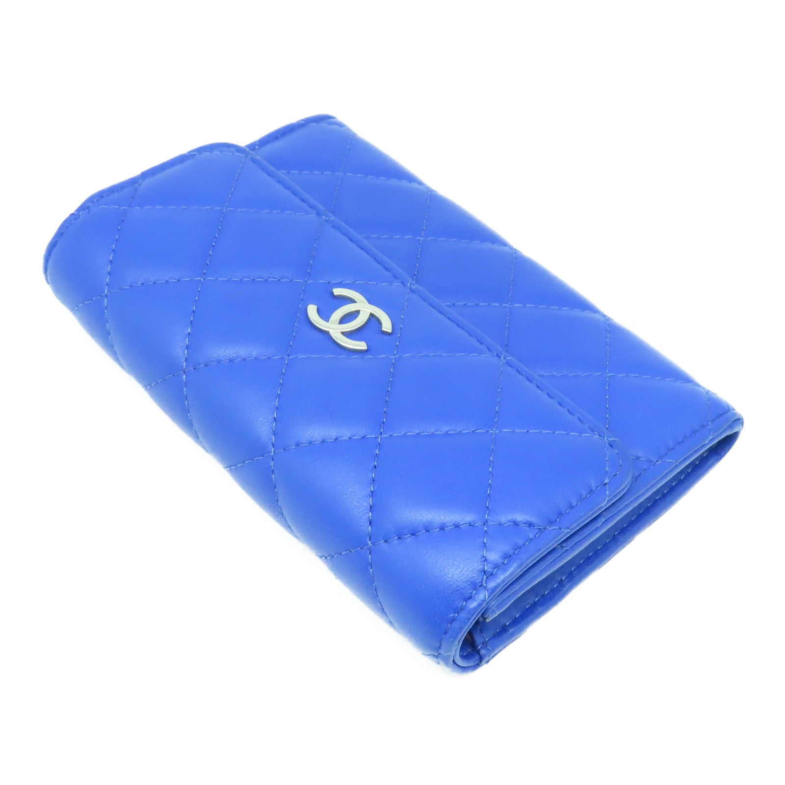 CHANEL 【激減優惠】菱格羊皮皮革Wallet銀扣長錢包藍色